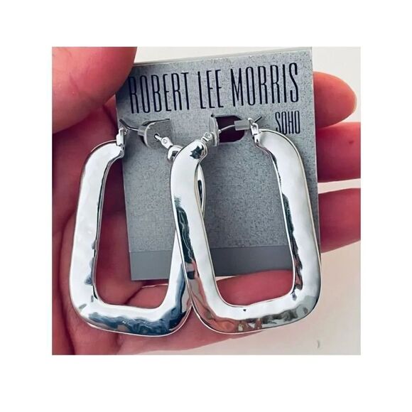 Robert Lee Morris Jewelry - NWT Robert Lee Morris Soho Large Square Silver Polished Hammered Hoops earrings